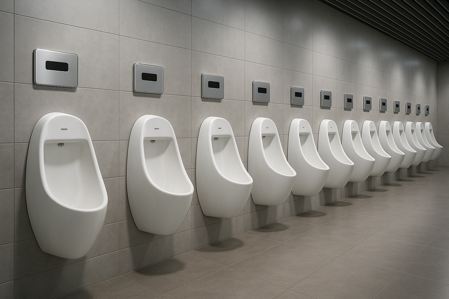 Airport or transit hub latrine bay with rows of ceramic urinals and automatic flush valves